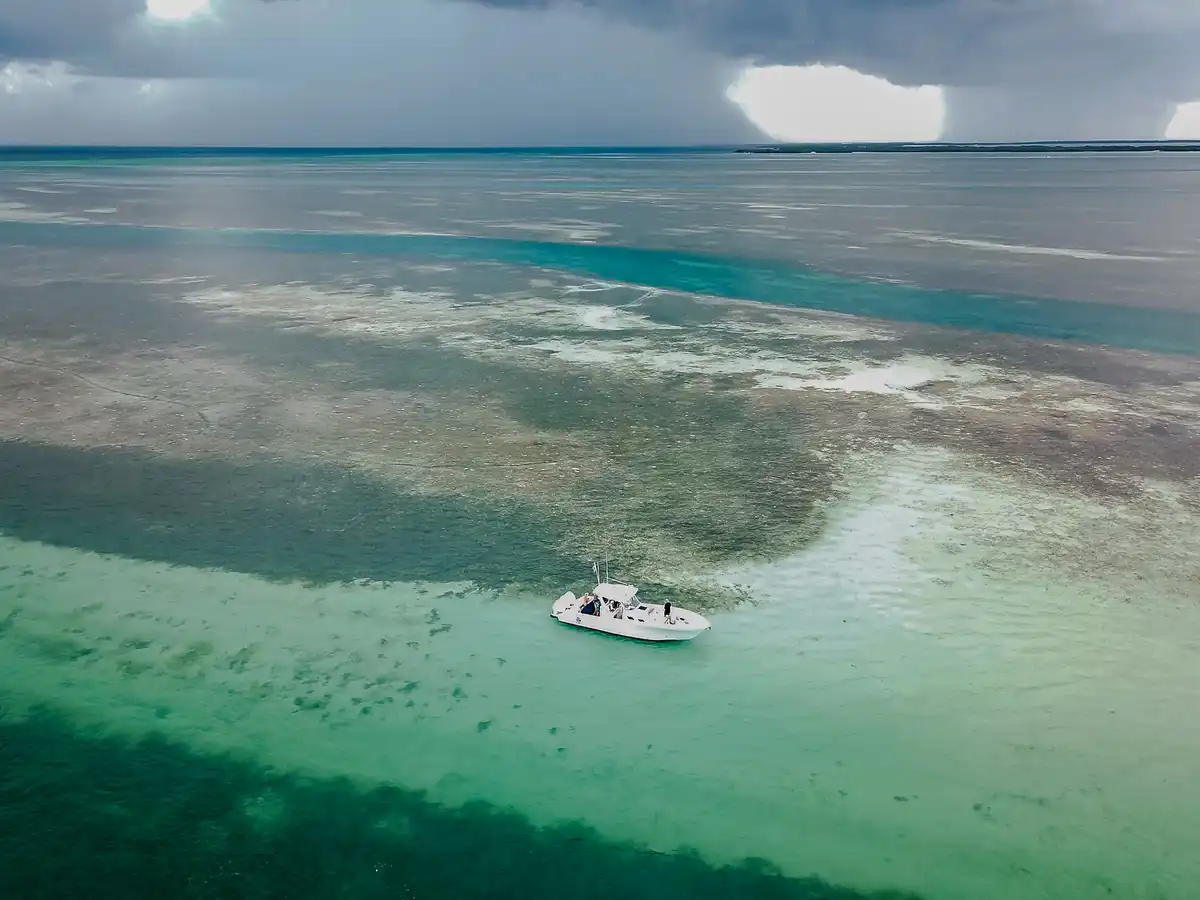 Aerial view of the crystal-clear flats near Key West