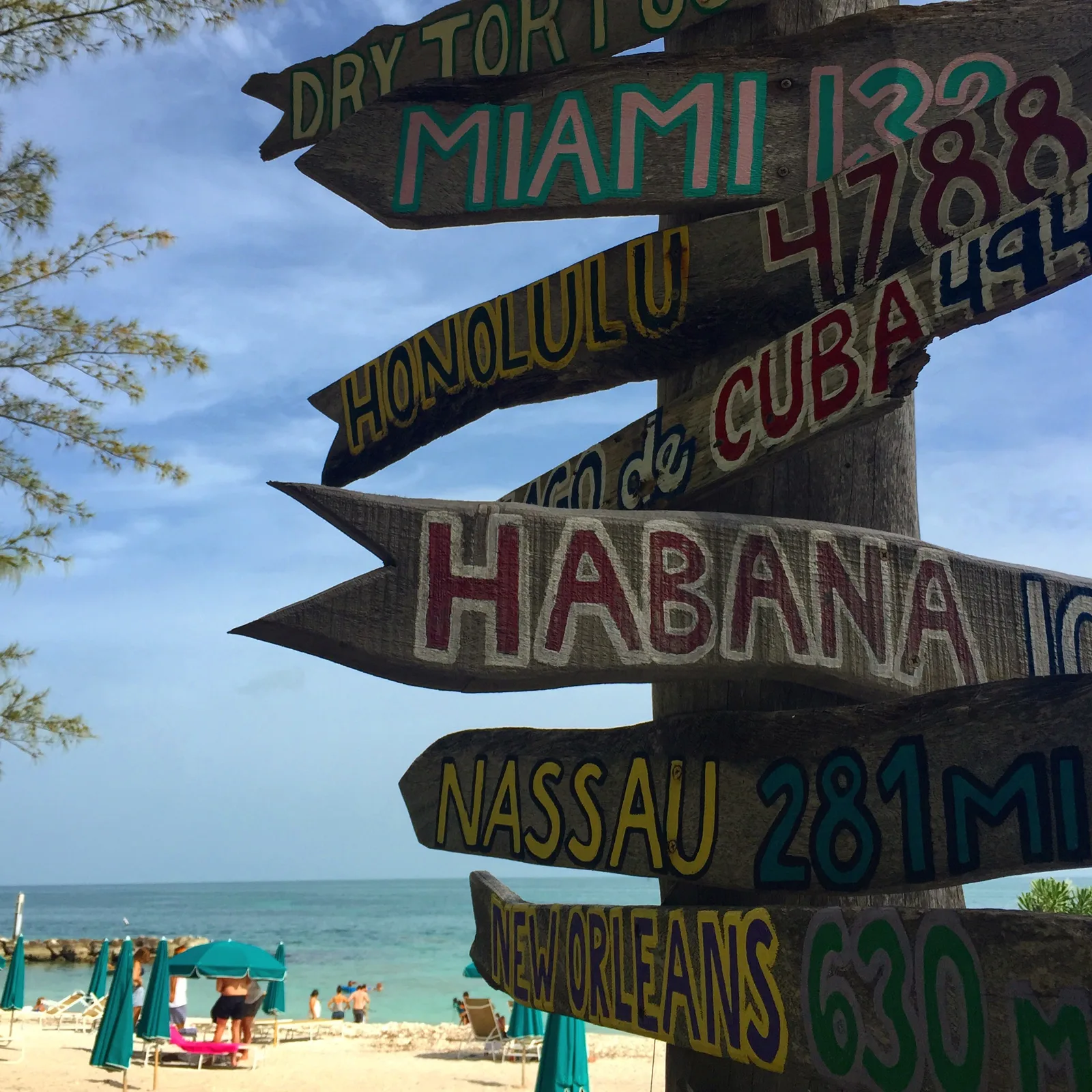 Colorful distance signs overlooking the water at Fort Zachary Taylor Beach